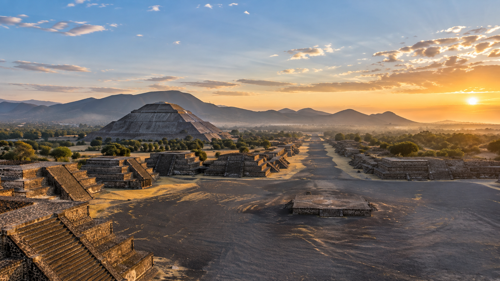 Ilustración de Teotihuacán al amanecer